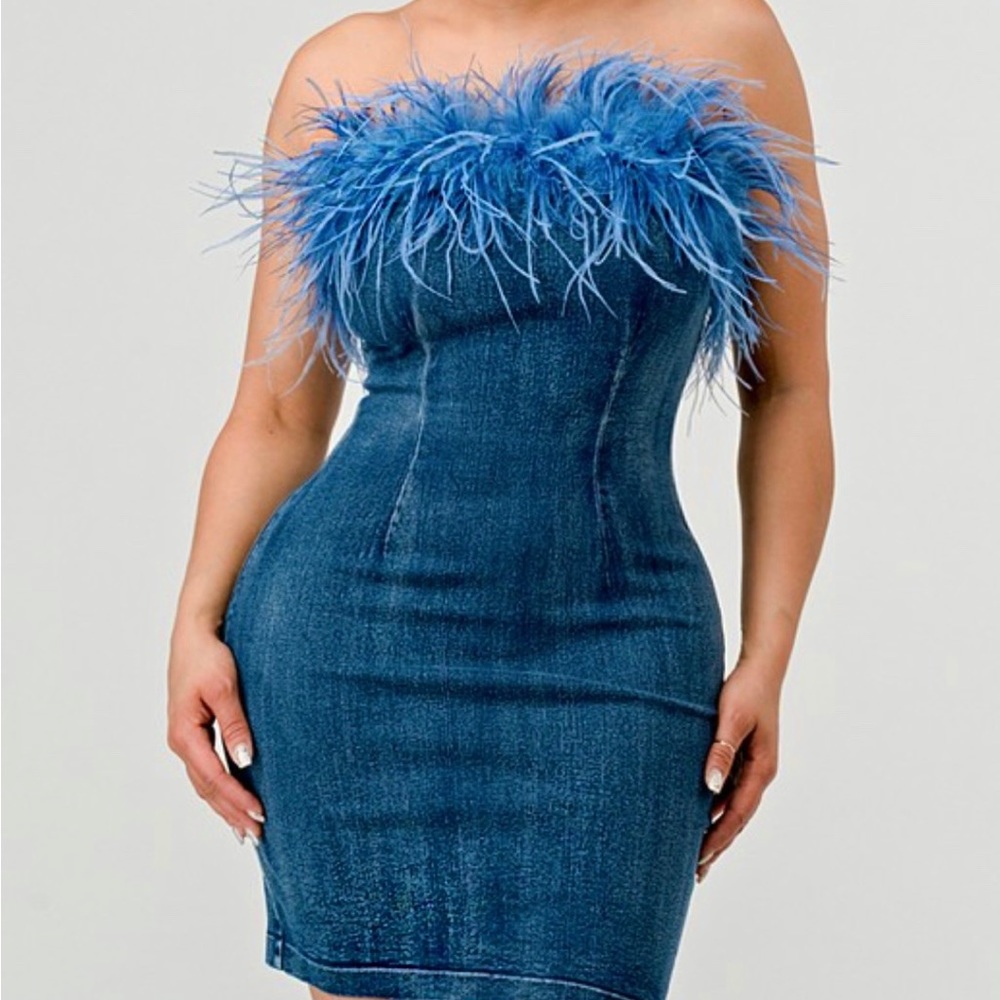 Brand New Brunch Dress! Jean and feathers! This dress is amazing!